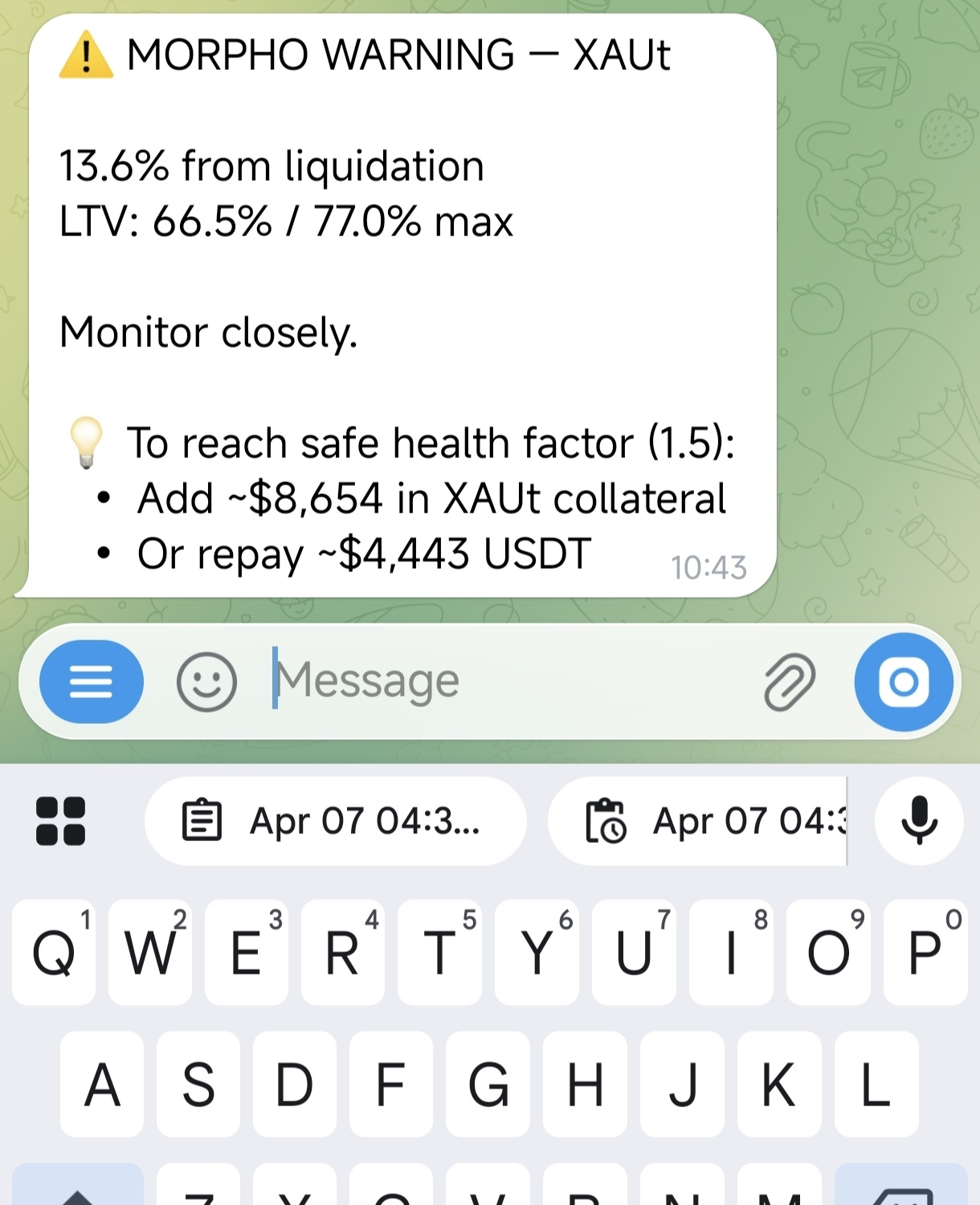Alfred health factor warning — 13.6% from liquidation